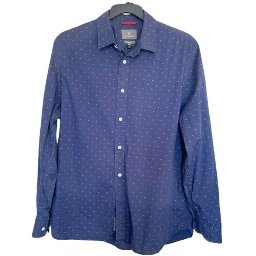 Victorinox Mens Button up Short Sleeve Print Shirt Size XL Blue Medium Slim Fit